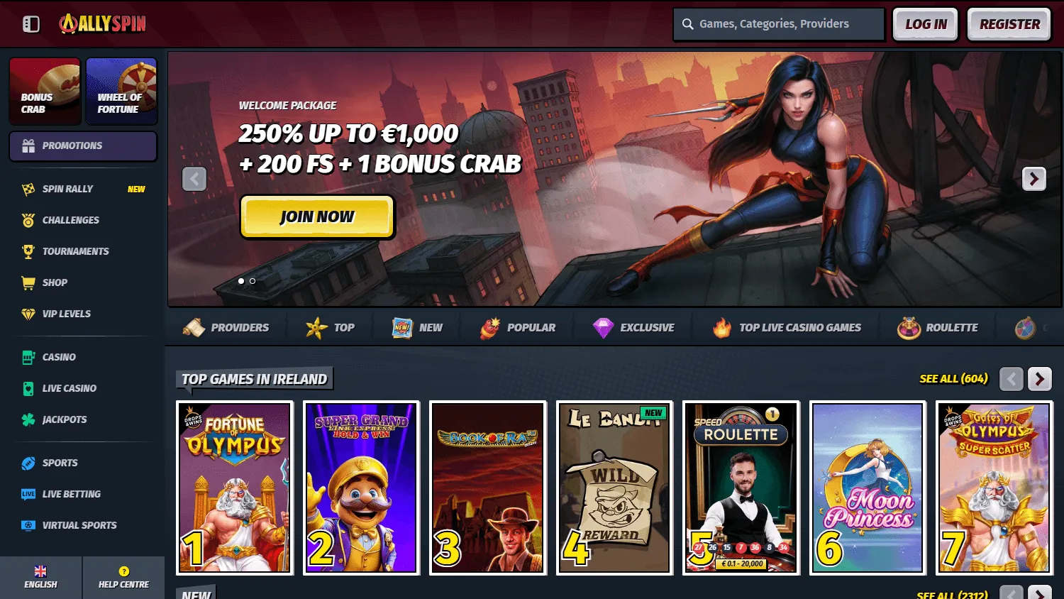 Allyspin Casino desktop home with casino and sportsbook access