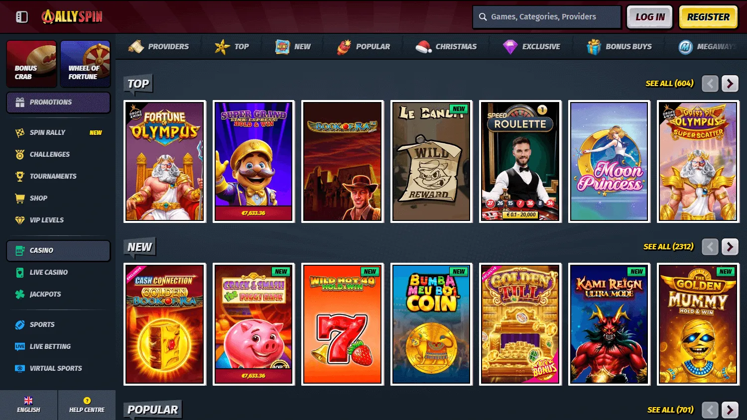 Allyspin Casino desktop games catalogue with casino categories