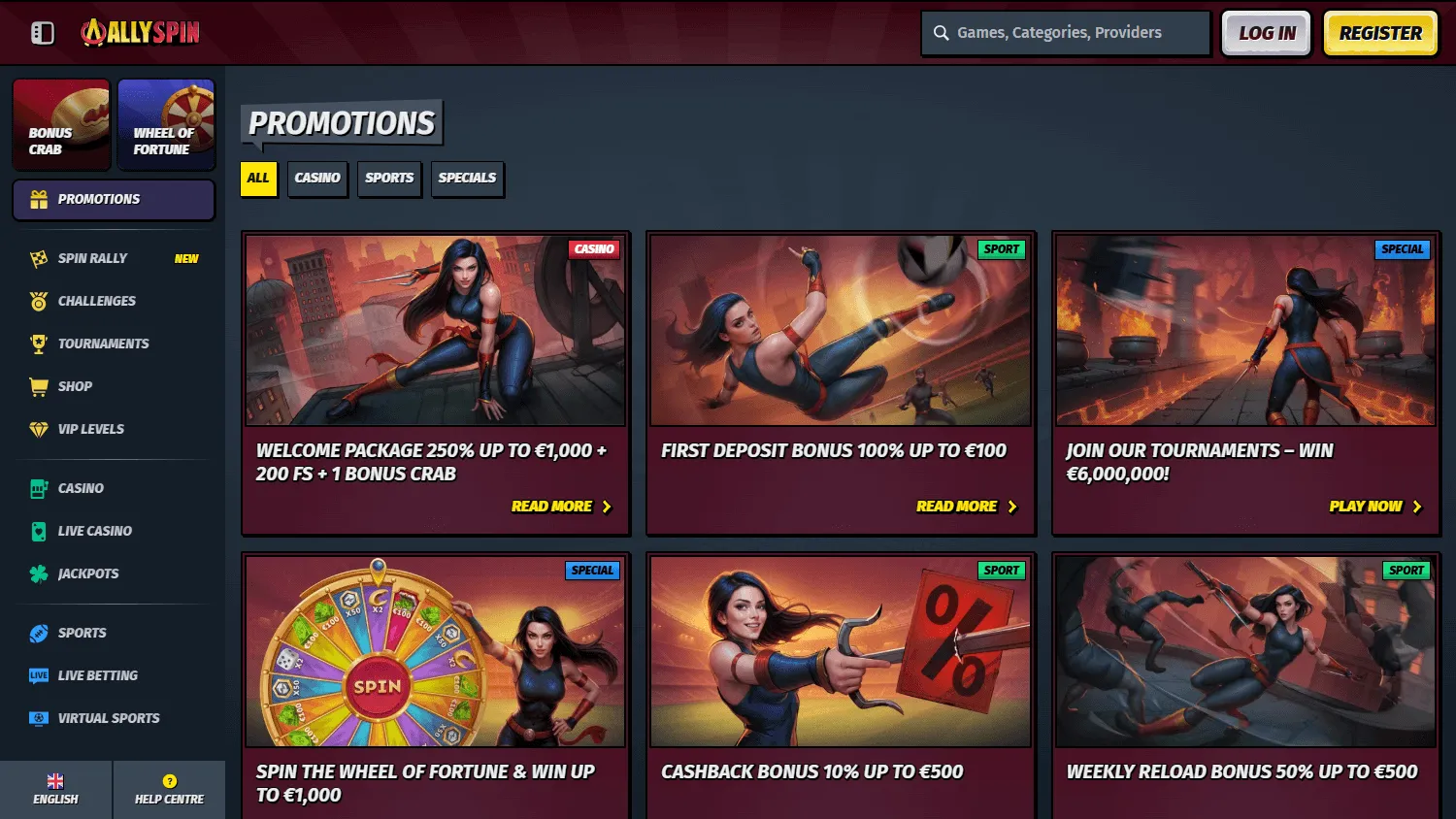 Allyspin Casino desktop promotions area with welcome and recurring offers