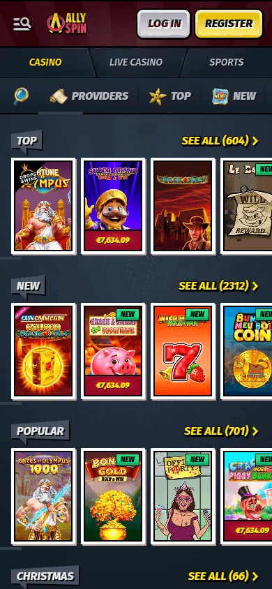 Allyspin Casino mobile browser games catalogue with casino categories