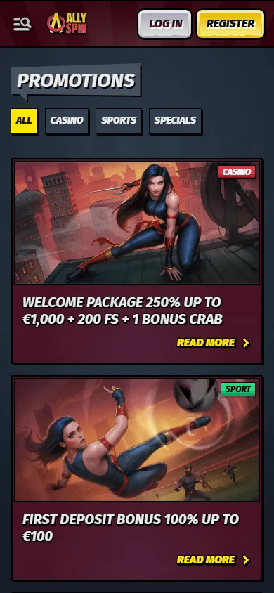 Allyspin Casino mobile browser promotions area with welcome and loyalty offers