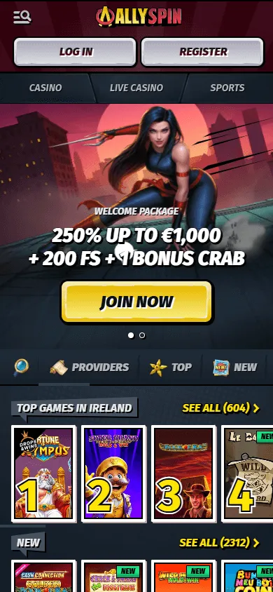 Allyspin Casino mobile browser home with casino and sports features